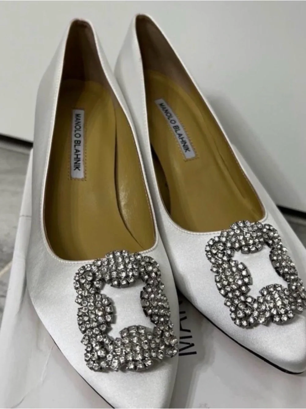 White Satin Pointed Toe Pumps with Crystal Buckle